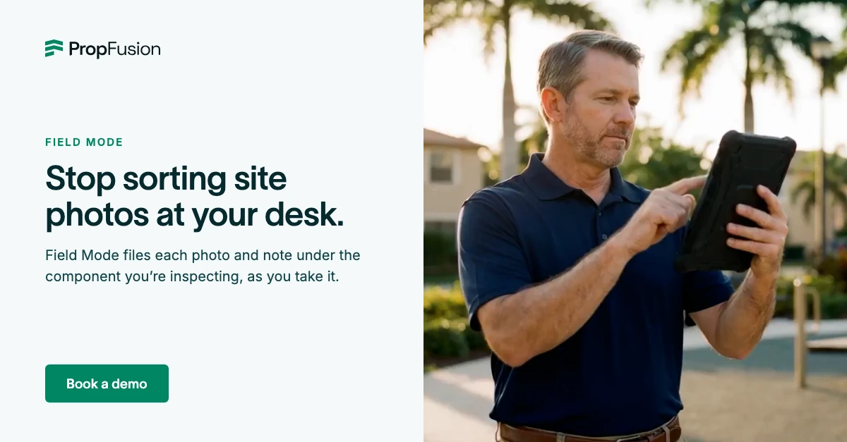 English LinkedIn ad for Field Mode: headline 'Stop sorting site photos at your desk.' beside a photo of an inspector with a tablet, and a Book a demo button.