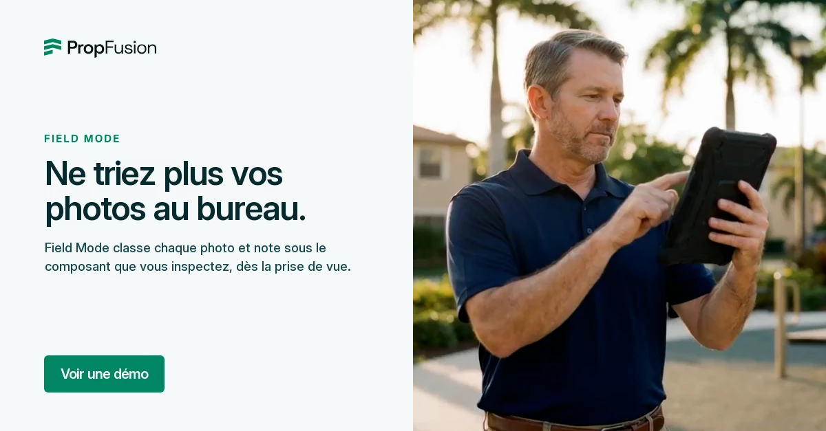 The same LinkedIn ad in French: headline 'Ne triez plus vos photos au bureau.' and a Voir une démo button; photo, logo and layout unchanged.