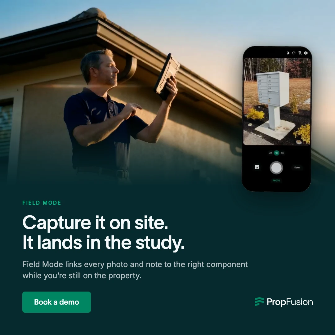 English Meta ad for Field Mode: an inspector photographs a gutter, a phone shows the app, headline 'Capture it on site. It lands in the study.' and a Book a demo button.